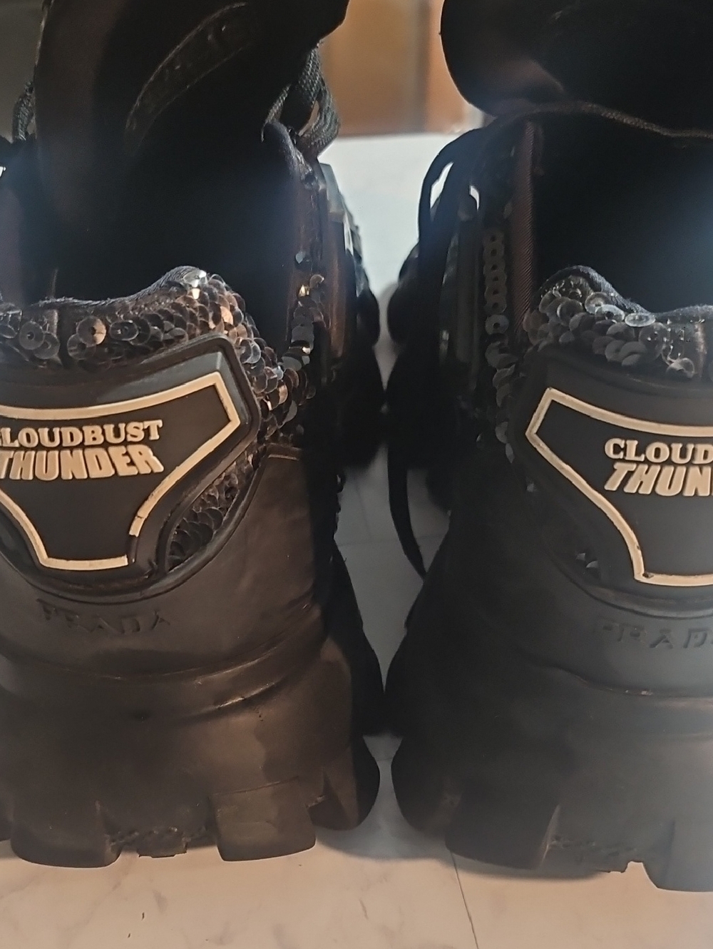 Prada Black Sequin-Trim Chunky Sneakers